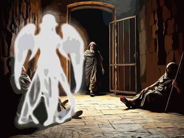 Gospel Images from the Bible NT - Peter is rescued from prison by an angel  clipart