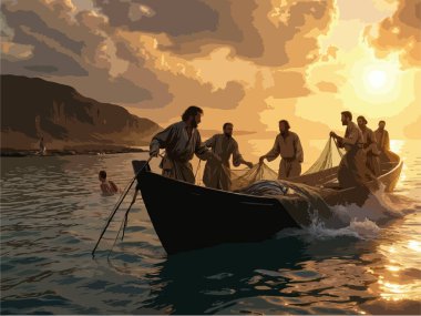 Gospel Images from the Bible NT - Miraculous catch of fish after Jesus' representation clipart