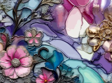 Mesmerizing Soft Pastel Colored Alcohol Inc Pink Flora, Purple, Blue and White Mosaic Type Style, with Silver and Gold Embossed Edges clipart