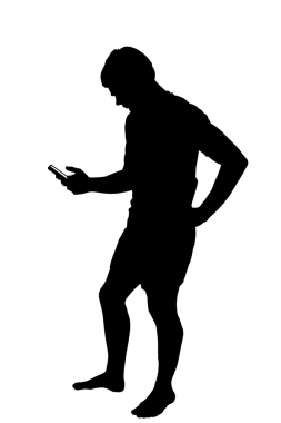 Tam uzunlukta yan profil portre siluet bir genç çocuk manifatura akıllı telefon