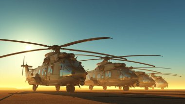 Bir grup askeri helikopter. 3D görüntüleme.