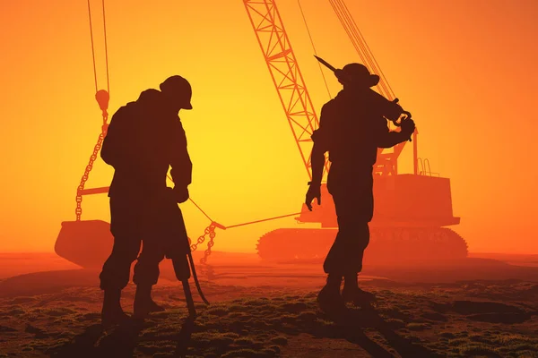 労働者と掘削機のシルエット — ストック写真