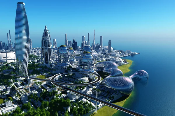 未来的海岸城市3D渲染 — 图库照片