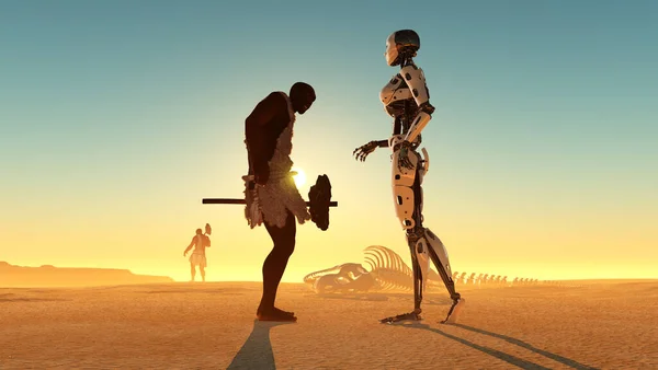 Primitive man and cyborg in the desert , 3D rendering