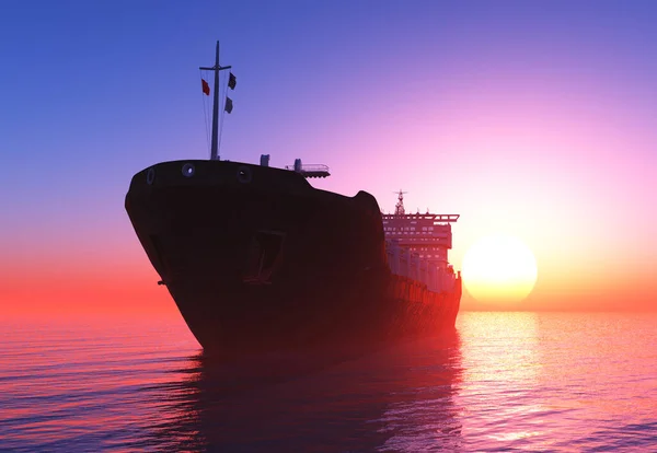 日落时在海里的油轮 3D渲染 — 图库照片