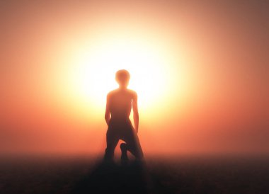 Genç adam dua ediyor. 3d hazırlayıcı