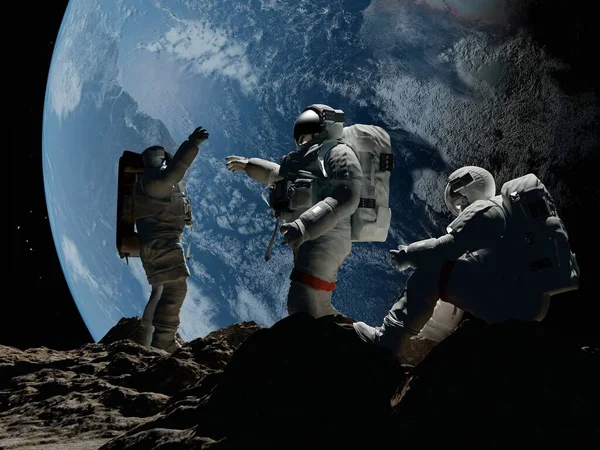 Grupo Astronautas Están Planeta Render — Foto de Stock