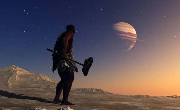 惑星の背景に砂漠の原始的な男 3Dレンダリング — ストック写真