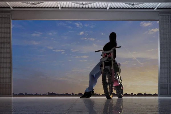 Silhouette Eines Mädchens Auf Einem Motorrad Der Garage Render — Stockfoto