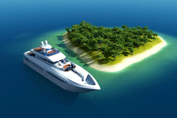 岛上附近的现代游艇 3D渲染 — 图库照片