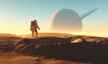 Kraterin yanında su 33D görüntülü astronot.