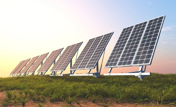 Solarmodul Auf Grünem Gras Render — Stockfoto