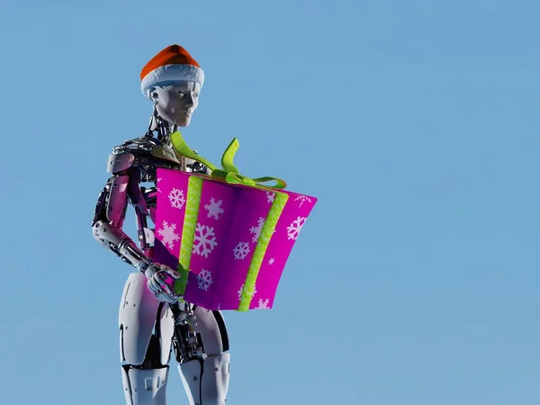 Robot Christmas Present Blue Background Render — Stock Photo, Image