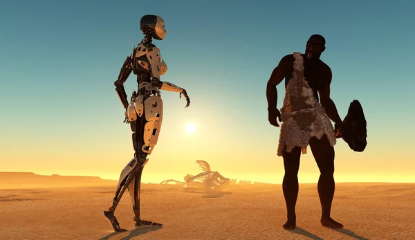 Primitive man and cyborg in the desert , 3D rendering