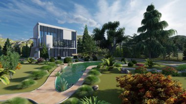 Arkadaki gökyüzünde modern bina, 3D görüntüleme