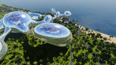 Tropikal bir manzaranın arka planındaki Fentazi binası. .3d oluşturma