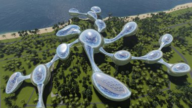 Tropikal bir manzaranın arka planındaki Fentazi binası. .3d oluşturma