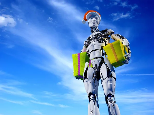 Robot Vánočním Dárkem Modrém Pozadí Vykreslení — Stock fotografie