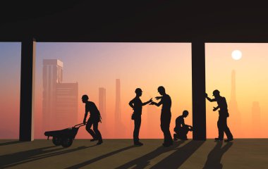 İşçilerin silueti gökyüzünün arka planında, 3D görüntüleme