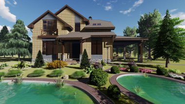 Arkadaki gökyüzünde modern bina, 3D görüntüleme