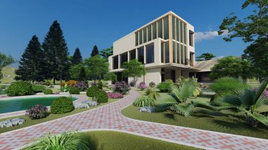 Arkadaki gökyüzünde modern bina, 3D görüntüleme