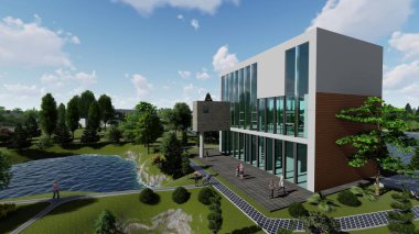 Arkadaki gökyüzünde modern bina, 3D görüntüleme