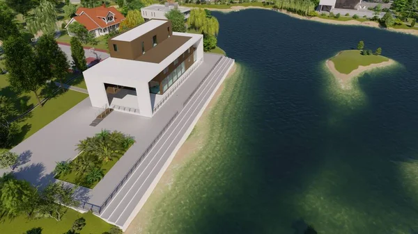 Modern cottage on the banks of the river. ,3d render