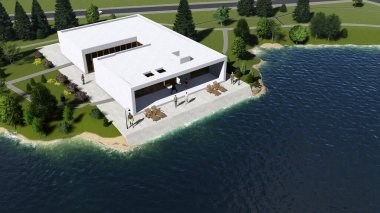 Modern cottage on the banks of the river. ,3d render