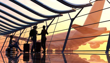 People at the window at the airport. ,3d render