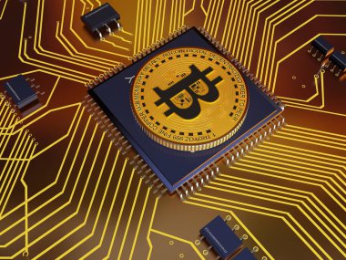 Bitcoin coins on the board of chips.,3d render