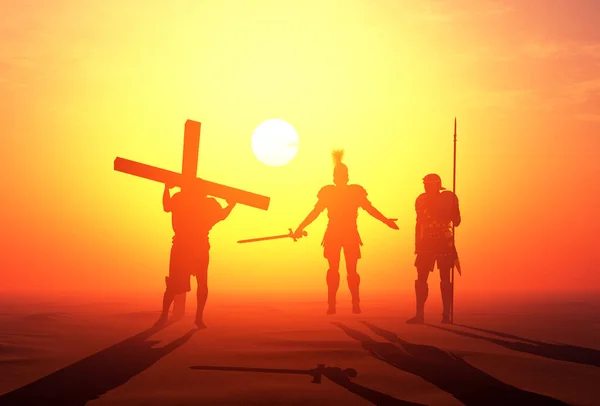 Ježíš Nese Kříž Při Západu Slunce Vykreslení — Stock fotografie