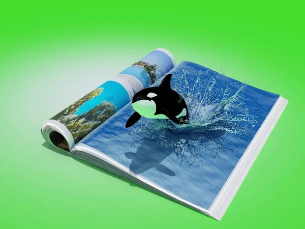 鲸鱼在杂志上的水里游泳 3D渲染 — 图库照片