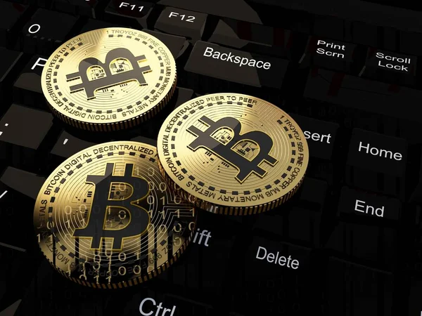 Bitcoin Érmék Egy Laptopon Render — Stock Fotó