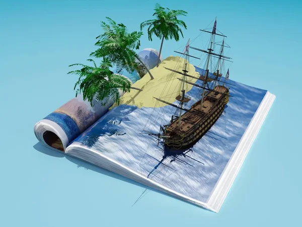 杂志上的老式帆船3D渲染 — 图库照片