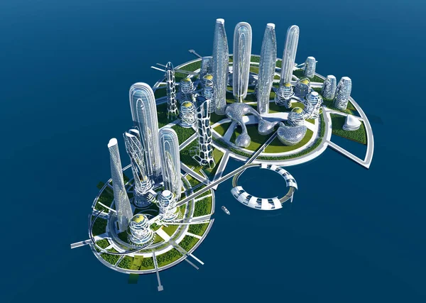 海岸沿いの未来都市 3Dレンダリング — ストック写真
