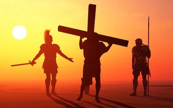 Ježíš Nese Kříž Při Západu Slunce Vykreslení — Stock fotografie