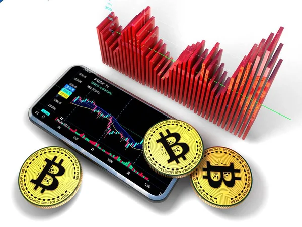 Bitcoin Diagramm Mit Einem Telefon Auf Weißem Hintergrund Render — Stockfoto