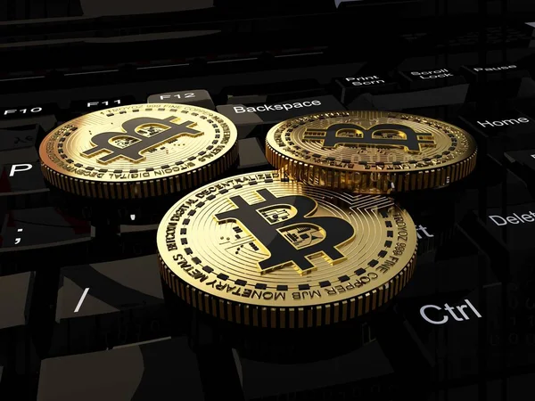 Bitcoin Érmék Egy Laptopon Render — Stock Fotó