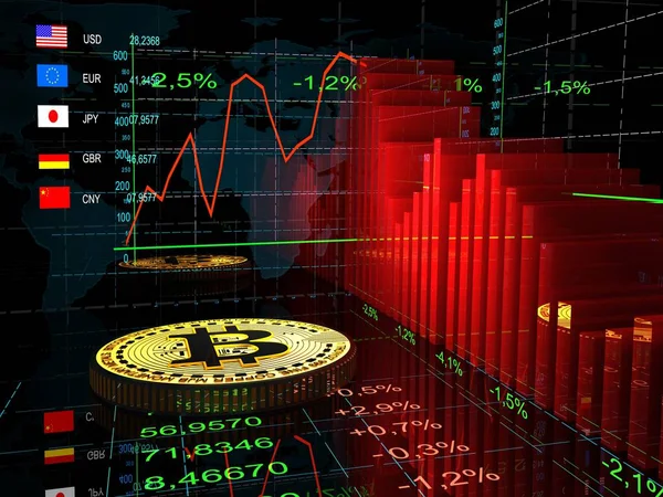 Bitcoin Diagramm Mit Einem Telefon Auf Schwarzem Hintergrund Rendern — Stockfoto