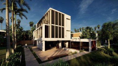 Arkadaki gökyüzünde modern bina, 3D görüntüleme