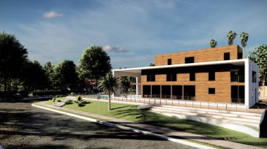 Arkadaki gökyüzünde modern bina, 3D görüntüleme