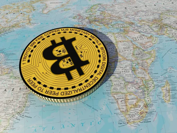 Bitcoin Auf Der Weltkarte Render — Stockfoto
