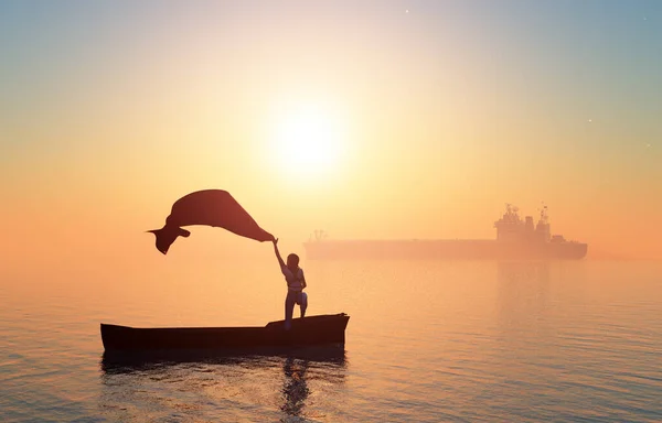 海を背景に女性をシルエット 3Dレンダリング — ストック写真