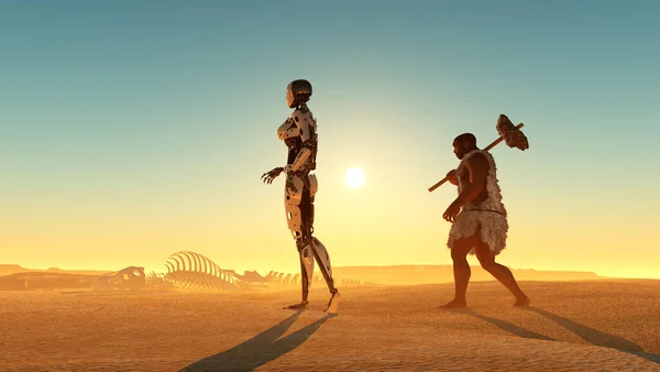 砂漠の原始的な男とサイボーグ 3Dレンダリング — ストック写真