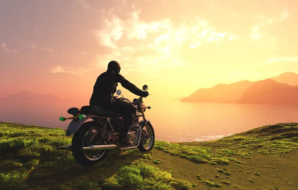 風景の背景にオートバイ 3Dレンダリング — ストック写真