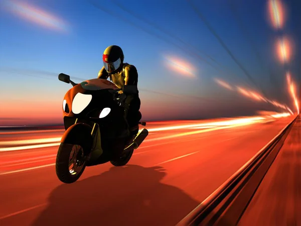 高速公路上的摩托车手 3D渲染 — 图库照片