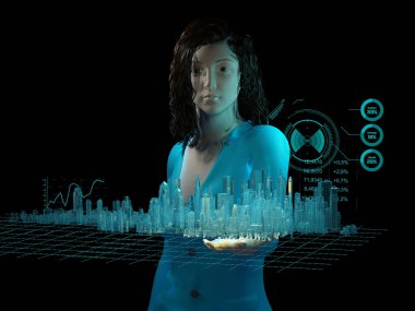 Şehrin modeli bir kızın ellerinde, 3D görüntüleme.