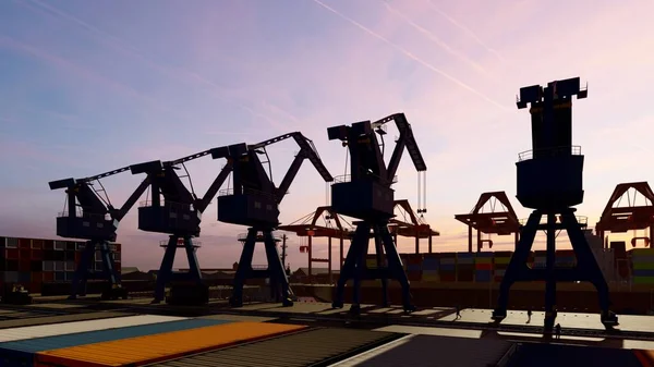 日落时起重机在港口 3D渲染 — 图库照片