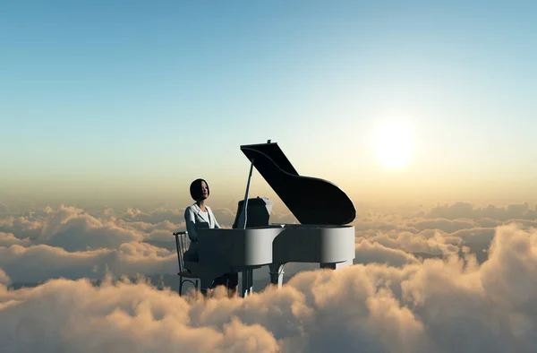 女人在云端弹钢琴 3D渲染 — 图库照片