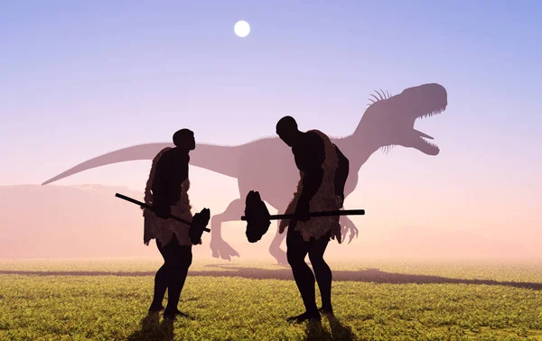 Первобытные Люди Динозавр Закате — стоковое фото